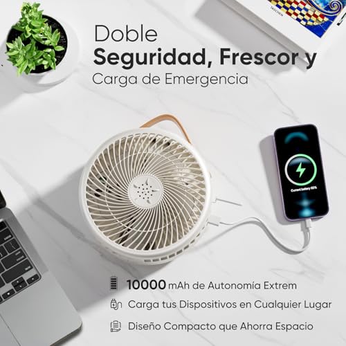 Ventilador Portátil Extensible y Plegable de 10000mAh, Ventilador Recargable con Control Remoto, Oscilación de 180° y Temporizador, Power Bank para Celular, Ideal para Dormitorio, Oficina y Camping