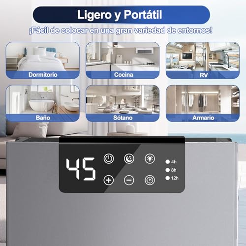 2.8L Deshumidificador Avanzado, Deshumidificador Doméstico Eléctrico con Función de eliminación de polvo, Silencioso Portátil, Luz LED de 7 Colores, Auto Descongelación, 6 Modo, para Sala Baño etc