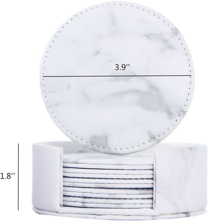 VEHHE PU Leather Coasters for Drinks, Marble Coasters with Holder, 6 Pack Round Cup Coasters Protect Furniture Away from Stain and Scratches, for Home or Bar Use, Housewarming Gift: Home & Kitchen