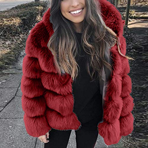 HOSOME Women Faux Fur Jacket Warm Thick Jacket Winter Hooded New Coat Wine