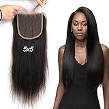 Greatremy 5x5 Lace Closure Straight with Baby Hair Brazilian Human Hair Free Part Natural Color 14