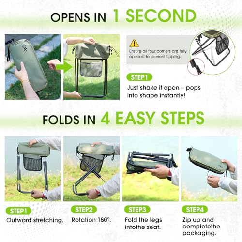 CAMDOOR Portable Collapsible Stool, 16″Folding Stool with 3 Side Pockets and Shoulder Strap, Extra Large Camping Chair Supports 400 lbs, Ultralight Portable Seat for Outdoor, Hiking, Fishing