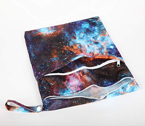 Sigzagor 2 Wet Bags Reusable Diaper Nappy Waterproof with Two Zippered Pockets (Stars and Galaxy)