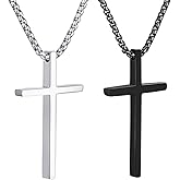 OLARCU 2 Pcs Cross Necklace for Men, Silver Black Stainless Steel Bible Verse Cross Pendant Necklace for Men, 2.5mm Box Chain