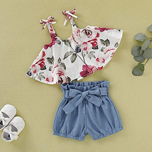 Toddler Baby Girls Floral Straps Tank Top + Ruffle Bowknot Jean Pant Denim Shorts Outfits Clothes Set (Floral Denim, 2-3 Years) - Thumbnail 2