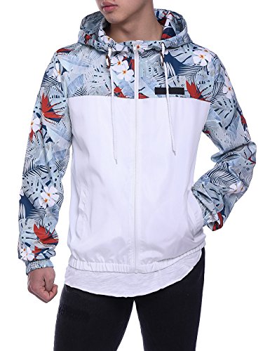 HEQU Men's Floral Hooded Windbreaker Lightweight Zip-Up Jacket with Pocket White XL