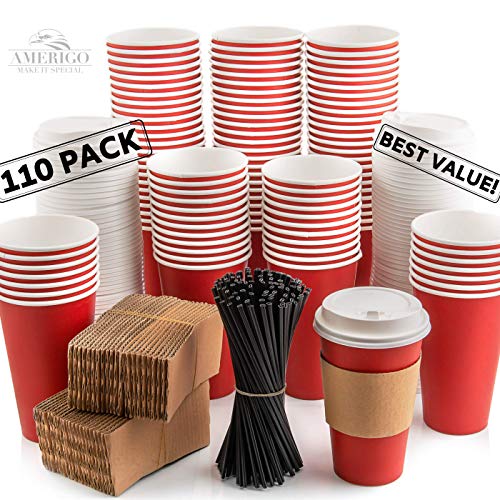 110 Pack Disposable Coffee Cups with Lids - Premium Quality 16 oz To Go Coffee Cups with Sleeves, Tight Lids to Prevent Leaks & Straws - This Paper Hot Cup Holds Shape With Hot Drinks - Cherry Red
