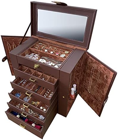 Jewelry Box ジュエリーボックスリング・ネックレス・ピアス・時計等種類別にアクセサリー収納 持ち運びもラクラク。種類別に分けて収納できるからどこに何を入れたか簡単把握/6段ジュエリーボックスブラウン