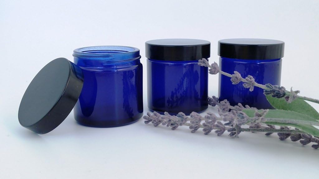 Pack of 3 x 60ml Empty Blue Glass Jar with Black Lid for Aromatherapy, Cosmetics and Cream