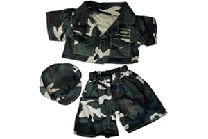 PLUSH TOYS WONDERLAND Army Green Outfit with Hat for 6-10 inch Stuffed Animals – Military Camouflage Uniform for Teddy Bears, Independence Day Patriotic, Pretend Play Dress-Up Clothes Gift for Plush Toys & Kids