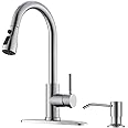 WEWE Kitchen Sink Faucet with Soap Dispenser, Kitchen Faucet with Pull Down Sprayer 3 Modes Stainless Steel Single Handle Single Hole Pull Out Brushed Nickel Faucet for Bar Laundry RV Utility Sink