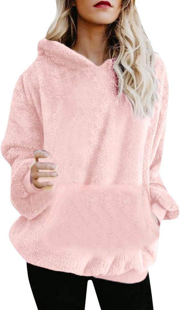 Holywin Womens Hairy Hooded Sweatshirt Coat Winter Warm Wool Zipper Pocket Wool Outerwear Jacket