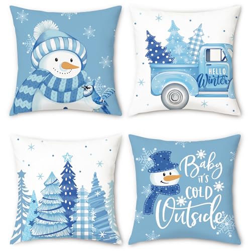 Bonhause Blue Snowman Christmas Throw Pillow Covers 18x18 Inch… at Amazon