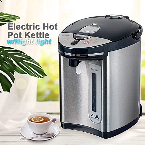 Secura Stainless Steel Water Boiler and Warmer w/Night light | Electric Kettle Water Heater, Tea Pot w/Auto Shut-Off Protection, 4-Quart (2-Year Warranty)