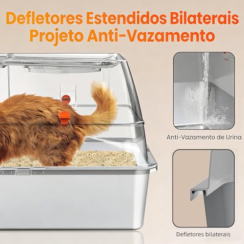 Caixa de areia de aço inoxidável com tampa, caixa de areia XL extragrande, caixa de metal fechada com entrada frontal e superior, com degraus e pá, fácil de limpar