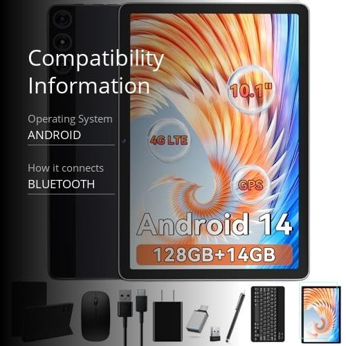 Tablet 10.1 Inch Android 14, Octa-Core 5G WiFi, 4G Cellular(T-Mobile), 128GB ROM 14GB RAM, 2025 Latest Tab with Keyboard Bundle 1TB Expand Android Tablet 13MP+8MP Dual Camera, GPS Unlocked HD Display