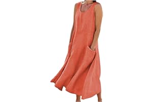 Plus Size Linen Dress for Women Sleeveless Beach Dress Casual Flowy Maxi Dress with Pockets Loose Fit Vacation Dress