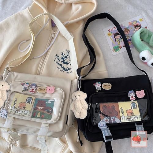 MILLEVIBE Kawaii Crossbody Ita Bag for Women with Pin & Plush Bear - Japanese Messenger Bags Y2K Shoulder Purse