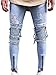 Men's Skinny Slim Fit Straight Ripped Destroyed Distressed Zipper Stretch Knee Patch Denim Jeans (32, Blue)