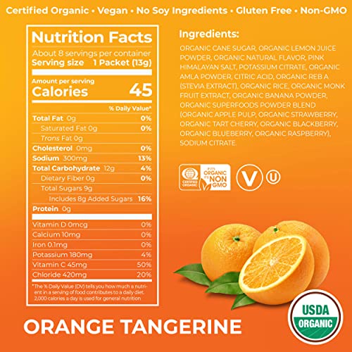 ORGAIN ORGANIC HYDRATION PACKETS, ELECTROLYTES POWDER – ORANGE TANGERINE HYDRO BOOST WITH SUPERFOODS, VEGAN, GLUTEN-FREE, NO SOY INGREDIENTS, NON-GMO, LESS SUGAR THAN SPORTS DRINKS, 8 COUNT