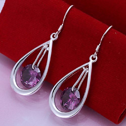 925 silver plated earings water drop with purple zircon