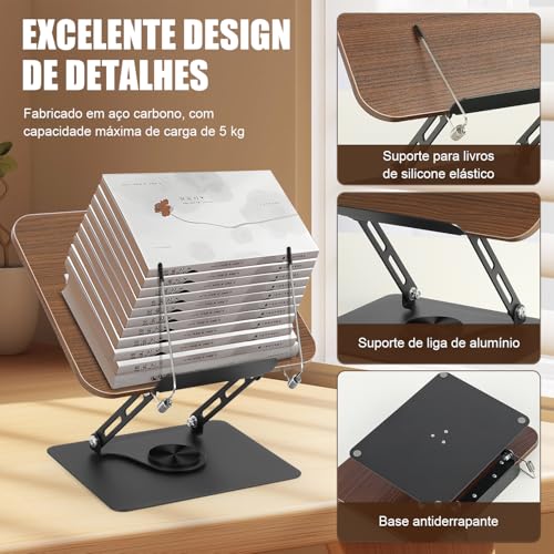 360° Suporte de Livro para Leitura com Base GiratóRia, Suporte para Livros Leitura, Apoio de Leitura, Apoio de Leitura Livro, Designs Dobráveis e Clipes Elásticos, Estante de Leitura