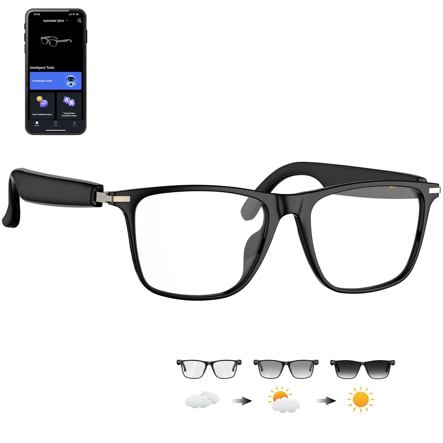 Photo 1 of XOOMEER Ai Translation Smart Glasses with ChatGPT,Bluetooth Glasses with 164+ Language Translation,Translator Glasses Physical Color-Change Lenses,Multifunctional Audio Eyewear for Women Men (M01)