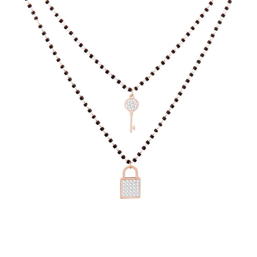 Anti-Allergic Stainless Steel Double-Layer Necklace for Women, Black Bead Chain Lock Key Shape Pendant Sparkling Crystal Fashion Jewelry Women Choker Necklace Gift for Friends, Mom