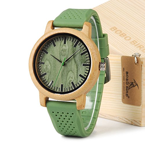 BOBO BIRD Unisex Japan Analog Quartz Mens Womens Wood Watch Green Dial Silicone Band with Green Secondhand Pointer