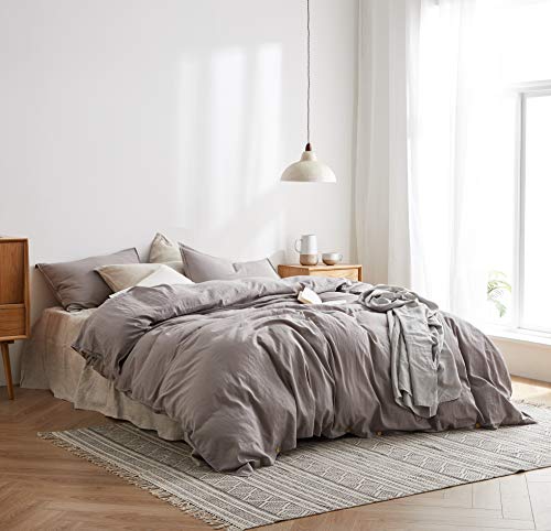 DAPU 55% French Linen 45% Cotton Duvet Cover with 2 Pillowcases, 3 Piece Ultra Soft Breathable Bedding Comforter Cover Sets with Button Closure(Gray/Linen Cotton, King)