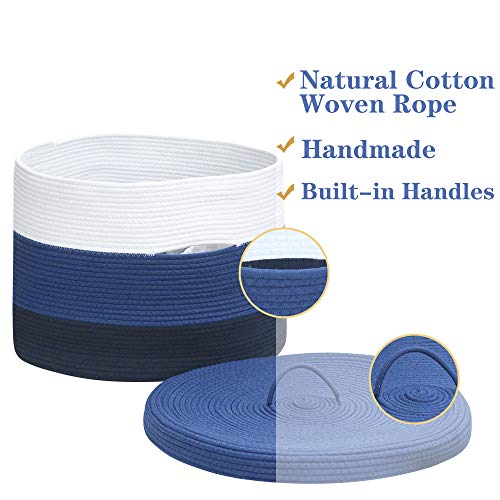 Extra Large Blue Cotton Rope Woven Basket for Laundry,Toys,Blankets,Pillows with Lid