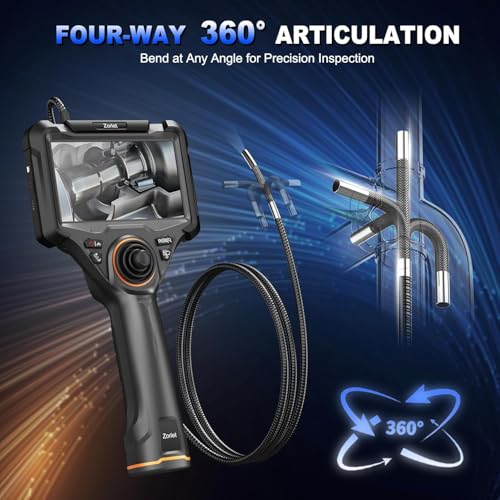 Zorlet 4-Way Articulating Borescope with 5'' Monitor, 6.2mm Borescope Camera with Light, IP68 Waterproof Endoscope Inspection Camera, 5FT Semi-Rigid Cable for Pipe, Wall & Automotive