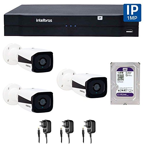 Kit 03 Câmeras de Segurança Ip 1mp Hd 720p Intelbras Vip 1120 B + Nvd 1108 Intelbras, Nvr, Hvr + Hd Wd Purple 1tb