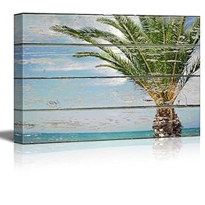 Canvas Wall Art - Palm Tree by The Beach on Vintage Wood Textured Background - Rustic Country Style Modern Giclee Print Gallery Wrap Home Art Ready to Hang - 12" x 18"