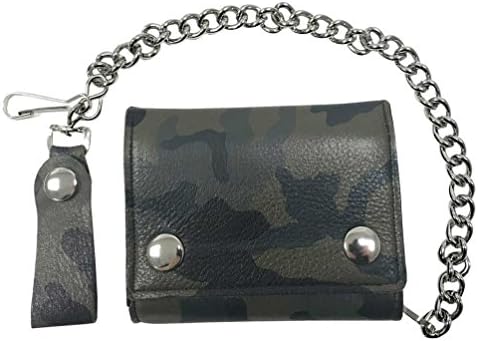 Motorcycle Men's Tri-Fold Wallet Genuine Leather Biker Chain, Green Camo OCF315