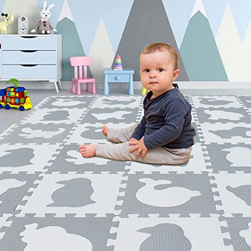 Yostrong 18 Tiles Interlocking Animal Puzzle Foam Baby Play Mat with Straight Edges for Playing - Rubber EVA Babies Crawling Mats for Floor. White, Light Gray. YOP-51(AL) b18S18