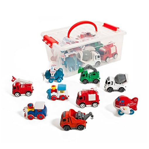 IQ Toys Set of 9 Friction Powered Train Air Construction Fire Die cast Vehicles in a Storage Container.
