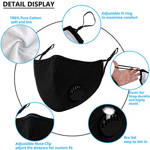 3Pcs Dust ???????????????? Cotton ???????????????? with Va and 20 Replaceable Fs, Washable and Reusable ???????????????? with Adjustable Ear Straps and N Wire for Men Women & Kids (Black)