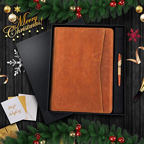 Gavarnie Genuine Leather Padfolio Portfolio Folder with Zipper for Men, Women, Business Christmas Gift Box Set, Brown