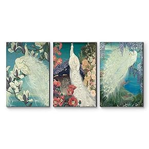 3 Panel Canvas Wall Art - Colorful White Peacock Garden Canvas Art Set - Giclee Print Gallery Wrap Modern Home Art Ready to Hang - 16"x24" x 3 Panels