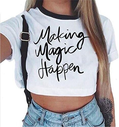 Lannorn Women’s Funny Summer Short Sleeve Letter Print Camisole Shirt, Exposed Navel Crop Tops Casual Round Neck Blouse.