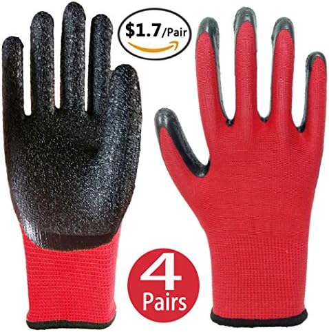 Work Gloves 4 Pairs/Pack - Crinkle Latex Coated Nylon Safety Gloves for Mechanic, Automobile, Industry, Construction, Garden, General Purpose Use - Grip and Comfortable for Hands Protection XL