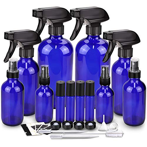 Glass Spray Bottle Kits, BonyTek Empty 4 10 ml Roller Bottles, 8 Blue Essential Oil Bottle(16oz,8oz,4oz,2oz) with Labels for Aromatherapy Cleaning
