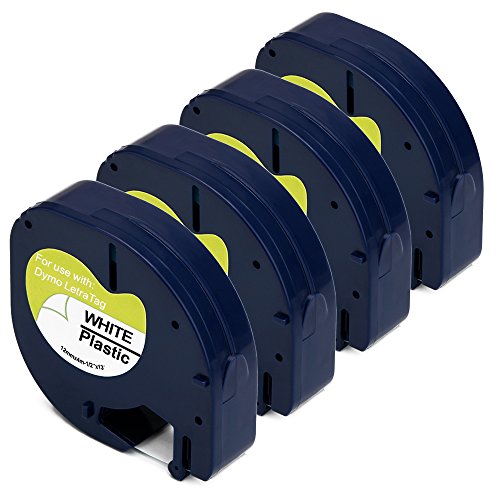 JARBO 91331 Compatible for DYMO Letratag 91331 Label Tape Black print on White, 4 Packs, 1/2 Inch x 13 Feet ( 12mm x 4m), Used for DYMO LetraTag LT-100H Plus LT-100T QX-50 Label Maker