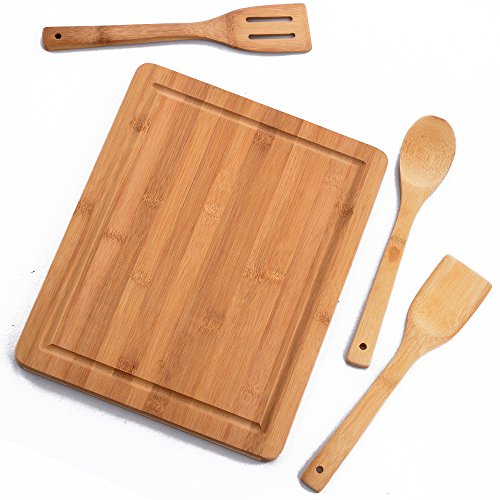 Comllen Organic Bamboo Gift Set With 3-Piece Wooden Utensils and a 14.5" x 11.5" Bamboo Cutting Board