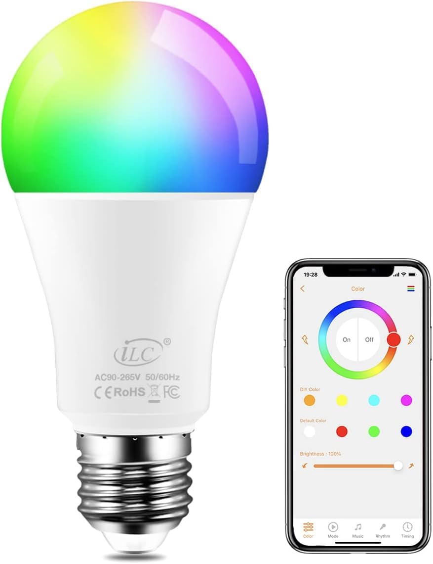 iLC Colour Changing LED Light Bulb E27 RGBW Controlled by APP, Sync to Music, Dimmable Multi-Color 60 Watt Equivalent