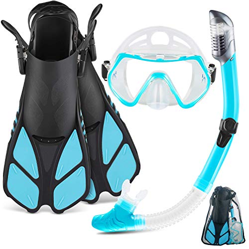 ZEEPORTE Mask Fin Snorkel Set with Adult Snorkeling Gear, Panoramic View Diving Mask, Trek Fin, Dry Top Snorkel +Travel Bags, Snorkel for Lap Swimming (ML/XL) (W40, ML/XL) (Renewed)