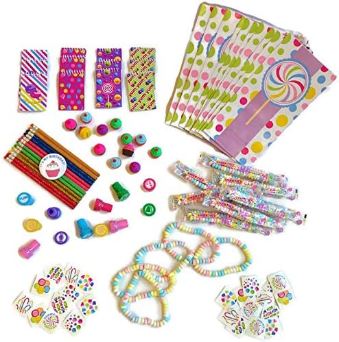 Candy Theme Party Favors- Necklaces, Stampers, Notebooks, Pencils, Tattoos, Goody Bags, and Birthday Button (12 Pack)