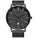 Unisex All Black Minimalist Quartz Wristwatch Ultra Thin with Date and Milanese Mesh Band or Strap for Gift(Black Gray)