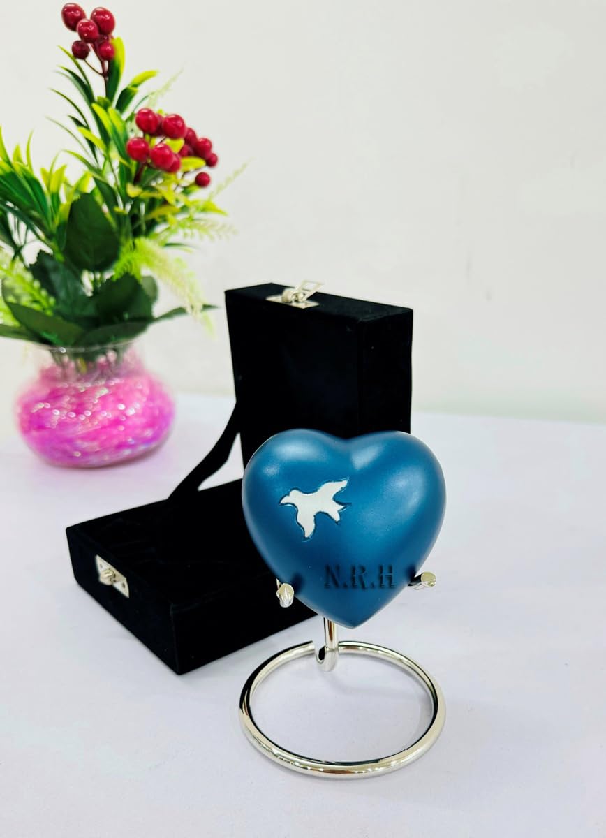 Nautical Replica Hub Small Keepsake Heart Cremation Urn For Ashes With Fly Bird Print Memorial Urn With Box & Stand (Blue Aluminium)